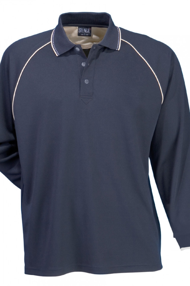 Men's Long Sleeve Cool Dry Polo - Navy and Beige/White