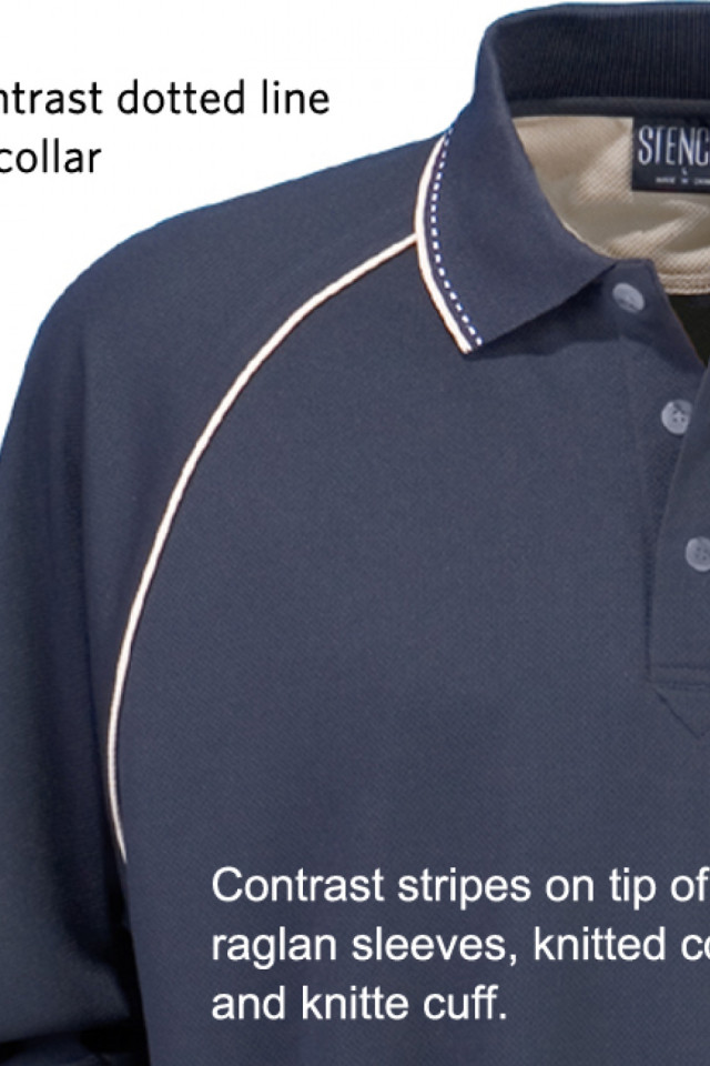 Men's Long Sleeve Cool Dry Polo - Navy and Beige/White - Image 2