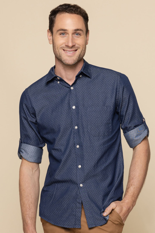 Mens Wellington Denim Dobby Long Sleeve Shirt Navy - Image 2