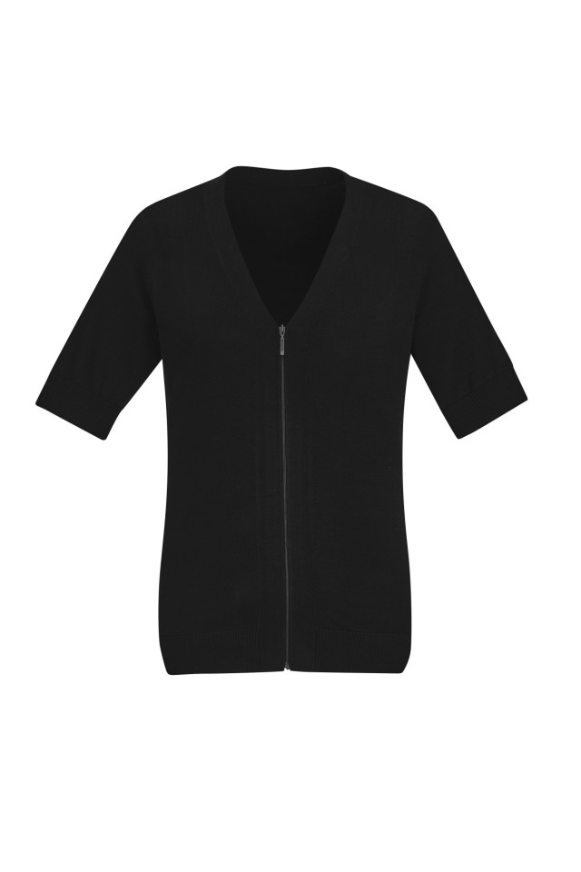 Womens Zip Front Short Sleeve Knit Cardigan Black