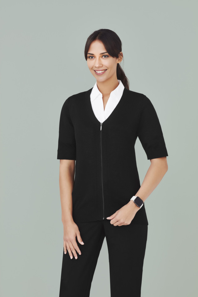 Womens Zip Front Short Sleeve Knit Cardigan Navy - Image 2
