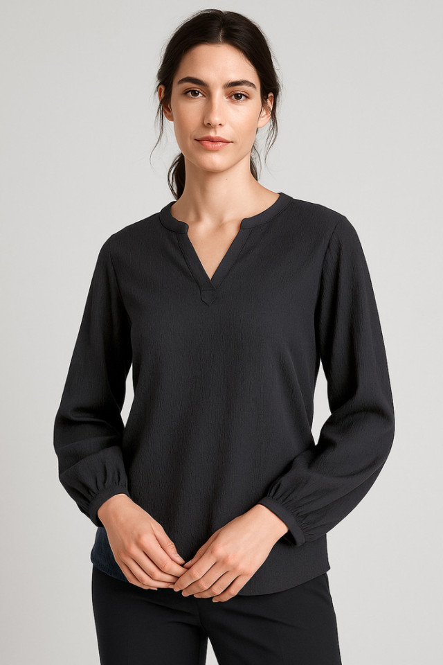 Womens Ruche Long Sleeve Blouse Black - Image 2