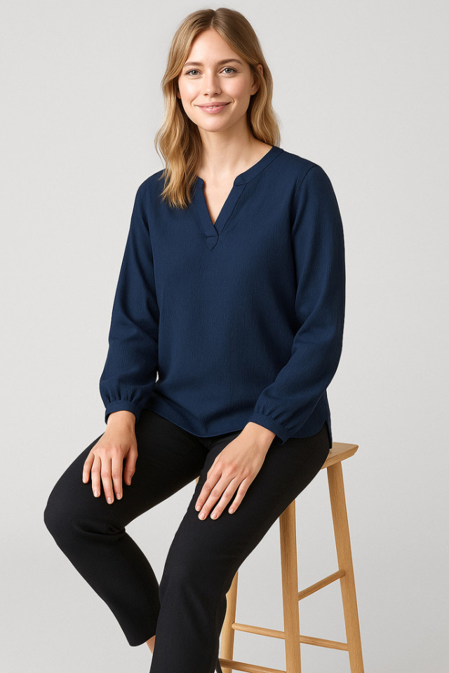 Womens Ruche Long Sleeve Blouse Navy - Image 2