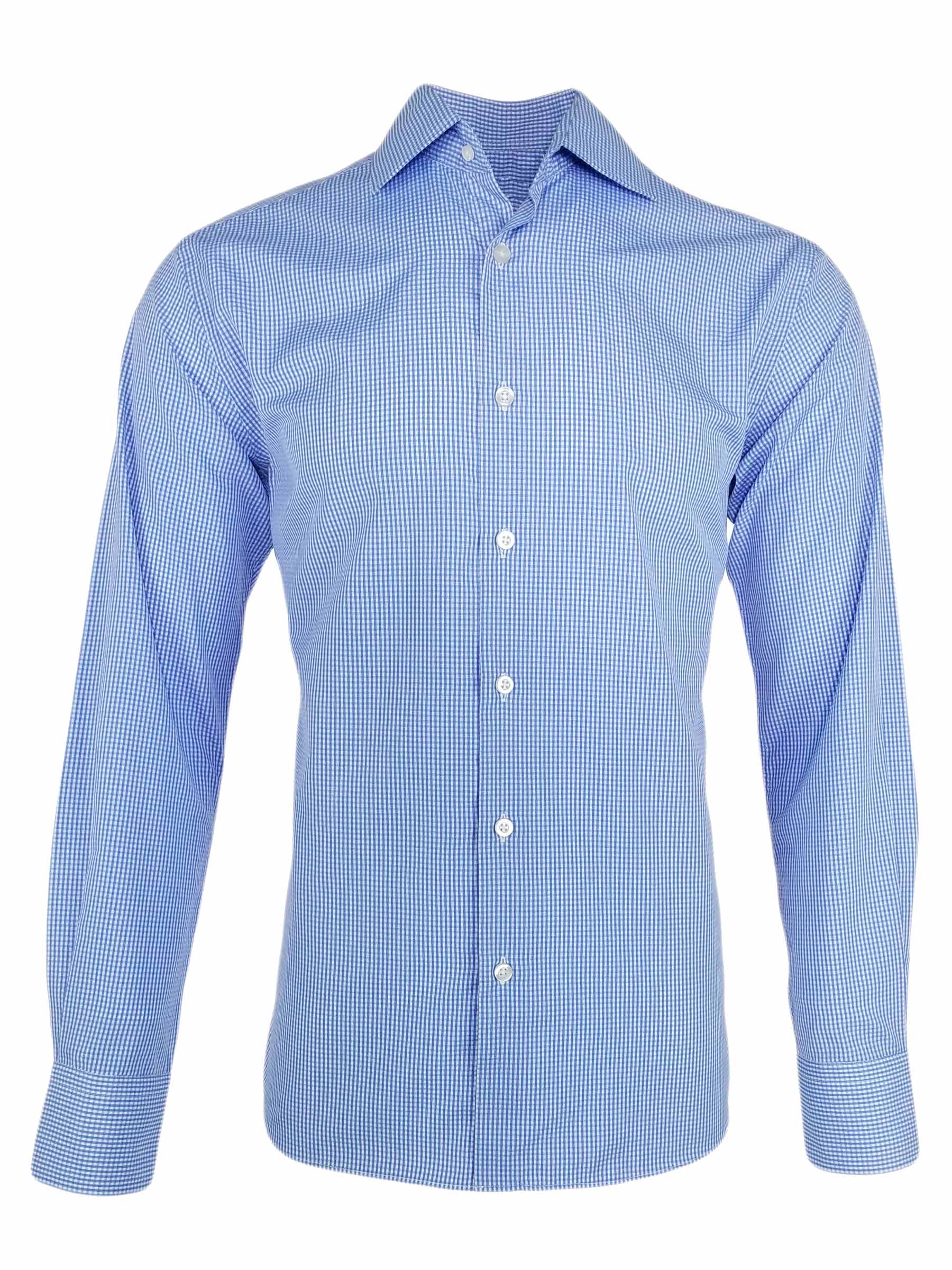 Men's Gingham Shirt Blue Mini Gingham Check Shirt Long Sleeve